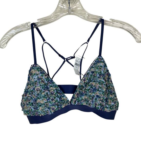 Aerie Sz M Mesh Ruffle Strappy Triangle Bralette Blue Green Floral NWT - Picture 6 of 14